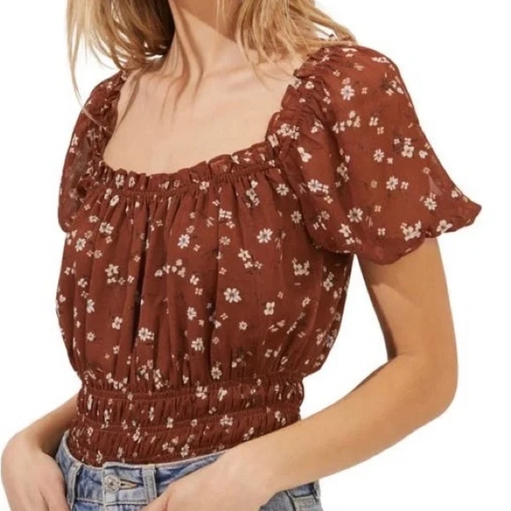 NWT Astr The Label Brown Smocked Floral Bodysuit, M